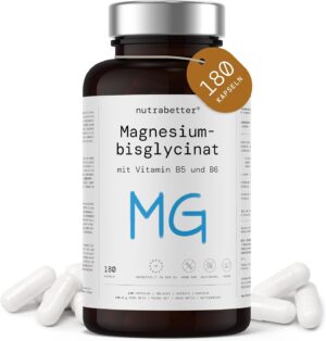 Magnesium Komplex mit B6 & Zink โ Magnesium Bisglycinate | 300 mg Elementary Magnesium per Daily Dose | 180 Vegan Capsules | With Vitamin B5 & B6 | Reduces Fatigue, Exhaustion and Stress | nutrabetter