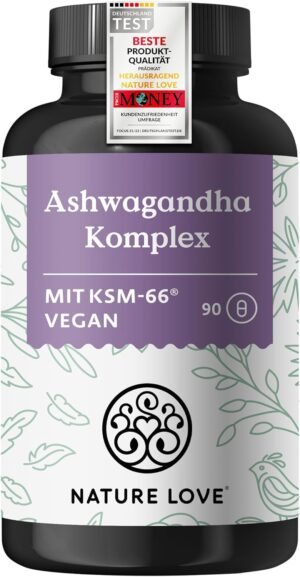Magnesium 600 mg โ NATURE LOVEยฎ Ashwagandha Complex - 600mg Ashwagandha per Daily Dose - 90 Capsules - with KSM-66, Magnesium, Folic Acid and Vitamin C and B6 - High Dose & Vegan - Produced in Germany