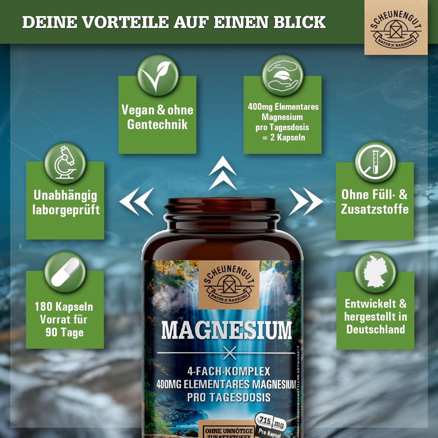 Magnesium 600 mg – Magnesium Complex 1430 mg – Important: Magnesium Bisglycinate as a 4-Way Brand Complex with 1430 mg per Daily Dose (+ 400 mg Element Available) Vegan and Laboratory Tested DE SCHEUNENGUT® – Bild 6