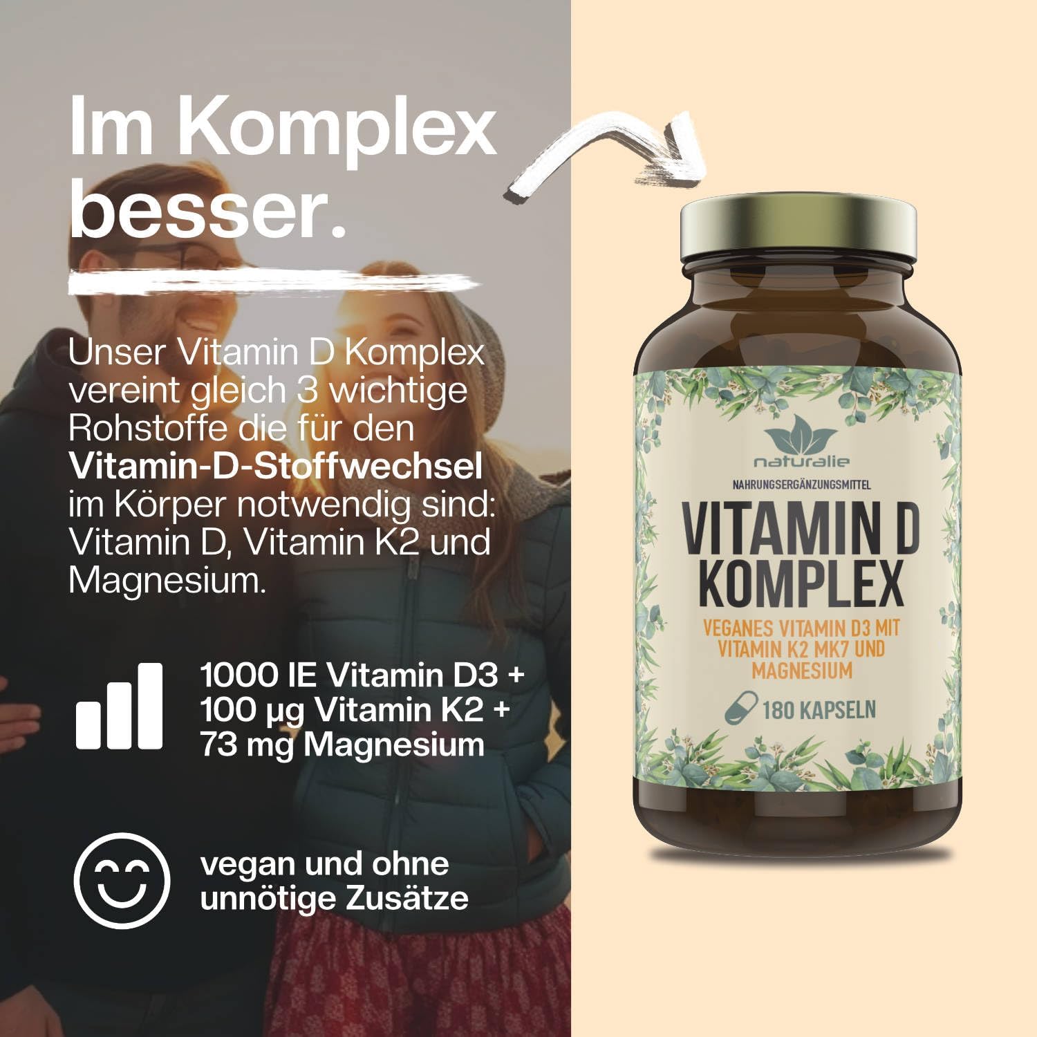 Magnesium Komplex mit B6 & Zink – naturalie® Vitamin D Complex | Vitamin D3 + Vitamin K2 MK7 (K2VITAL®) and Magnesium | Vegan and without Unnecessary Additives | 180 Capsules in Brown Glass No Plastic | Tested for Harmful Substances – Bild 3