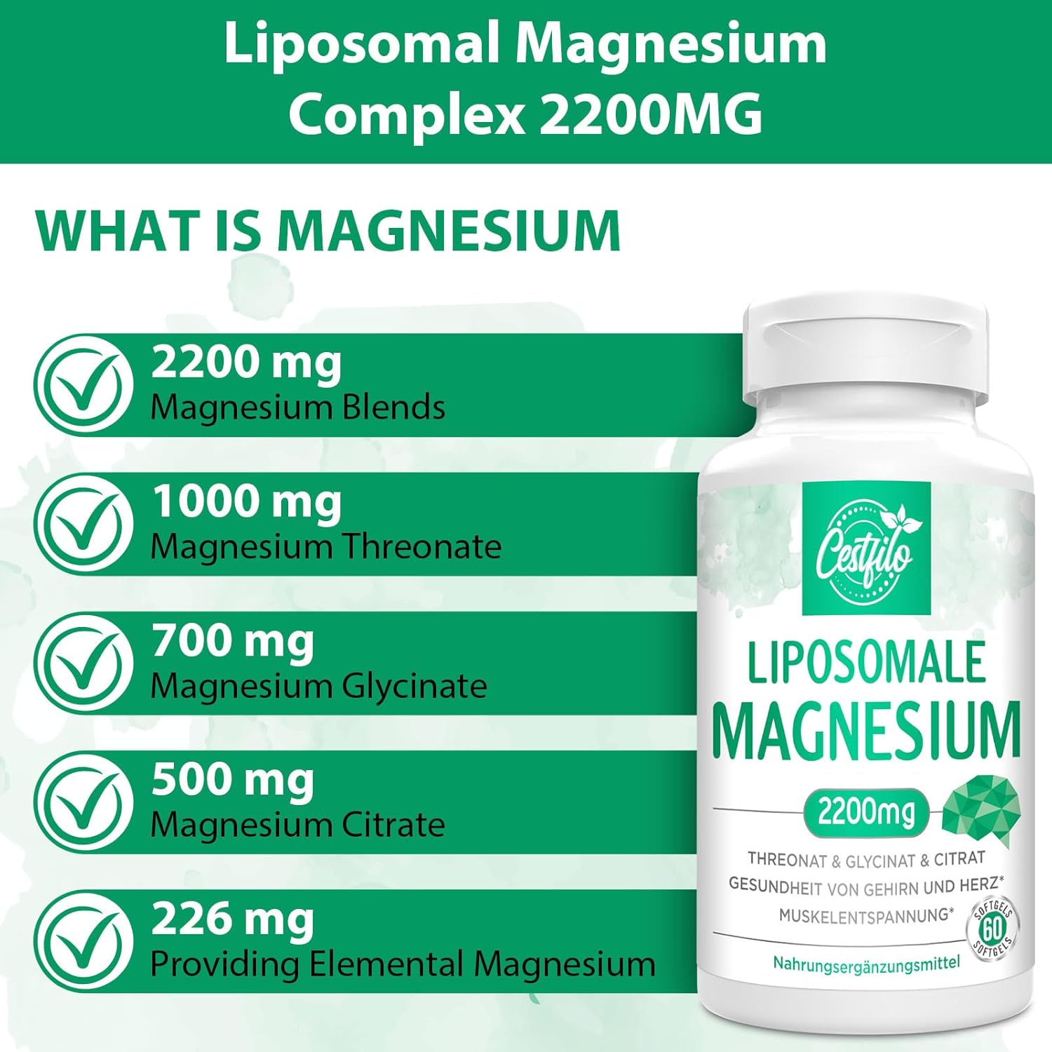 Magnesium 600 mg – Liposomal Magnesium Complex 2200 mg, Gluten-Free, 60 Soft Capsules, High Dose, Natural, Suitable for Women, Men (Pack of 60) – Bild 3