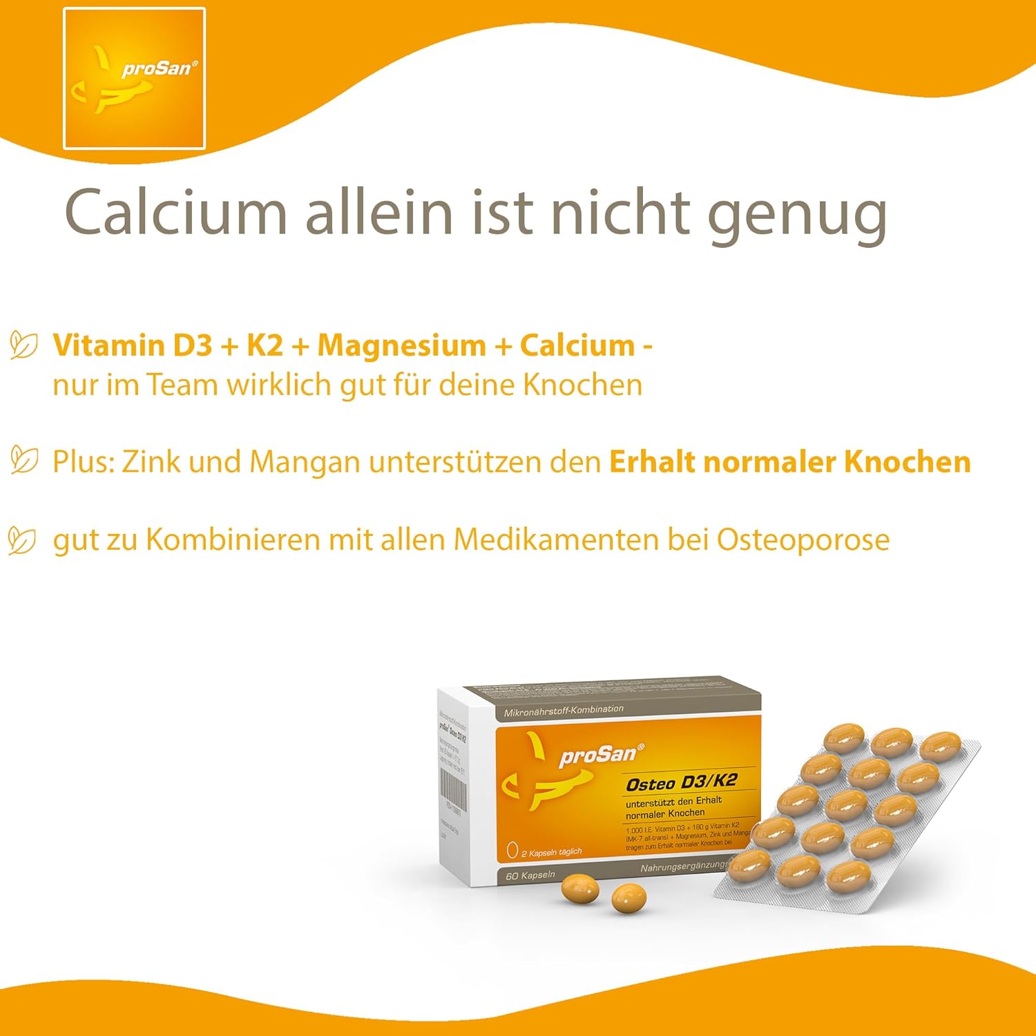 Magnesium Komplex mit B6 & Zink – proSan Osteo D3/K2 (60 Capsules) | Vitamin D3 + Vitamin K2 + Calcium + Magnesium to Maintain Normal Bones + Other Micronutrients | Good to Combine with All Drugs Against Osteoporosis – Bild 2
