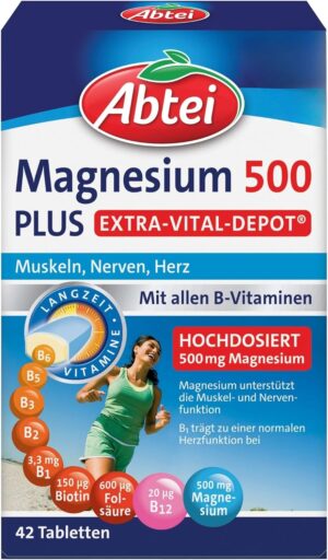 Magnesium 250 mg – Abtei Magnesium 500 Plus Extra Vital Depot - High Dose - with All B Vitamins - for Muscles, Nerves and Heart - Vegan - 42 Tablets