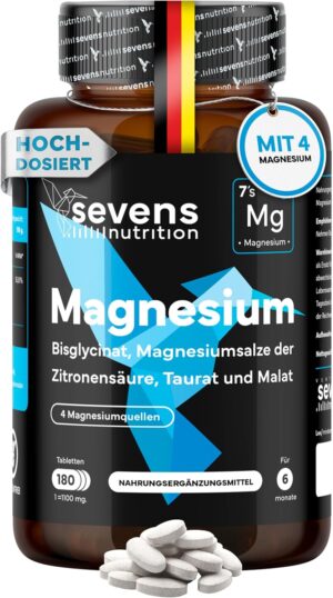 Schlaf-Magnesium mit Melatonin – Natürlich einschlafen & durchschlafen – Magnesium Bisglycinate + Citrate + Malate + Taurate - Magnesium Complex High Dose with 418 mg per Daily Dose - Supports Normal Muscle Function - 180 Premium Tablets - Laboratory Tested - Sevens