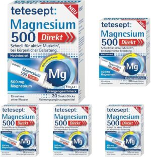 Magnesium Komplex mit B6 & Zink – tetesept Magnesium 500 Direct | 5 x 20 Direct Sticks | Dietary Supplement with Magnesium Powder for Taking Without Water - Quick for Active Muscles - (Pack of 5)