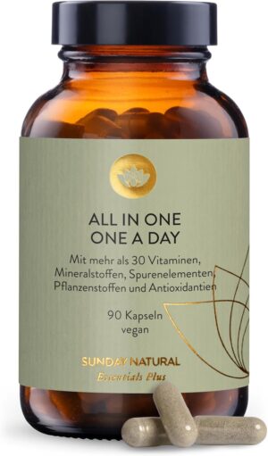 Magnesium Komplex mit B6 & Zink – SUNDAY NATURAL Multivitamin Complex - All in One - Premium All-Round Supply with Only 1 Capsule: 30 A-Z Vitamins, Micronutrients - 90 Vegan Vitamin Capsules - Laboratory Tested and Without Other