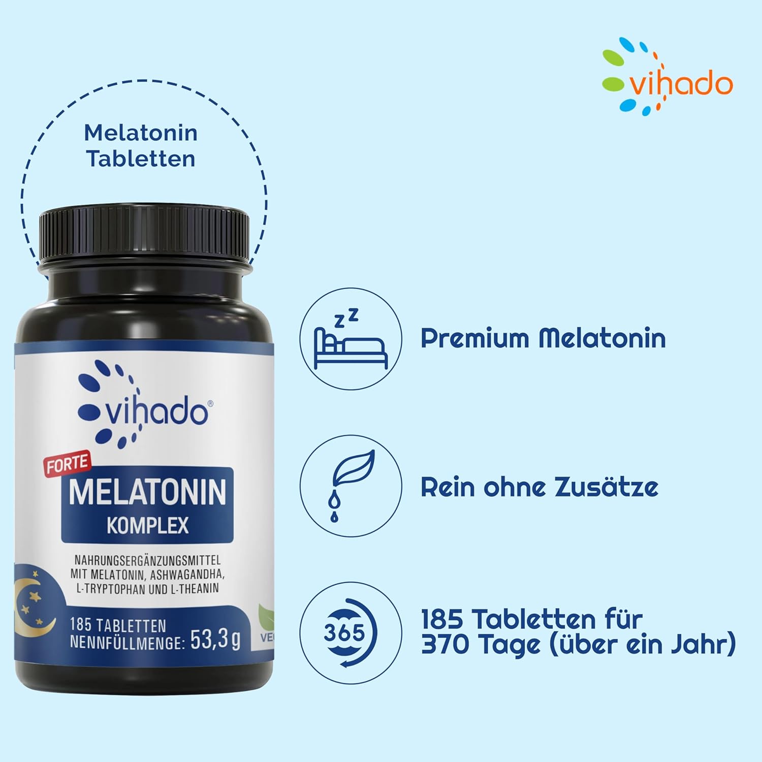 Schlaf-Magnesium mit Melatonin – Natürlich einschlafen & durchschlafen – Vihado Melatonin Tablets High Dose - 370 Nights Forte Complex Vegan - Pure without Additives - Plus L-Theanine, L-Tryptophan, Ashwagandha, 185 Tablets, Melatonin, 1 – Bild 4