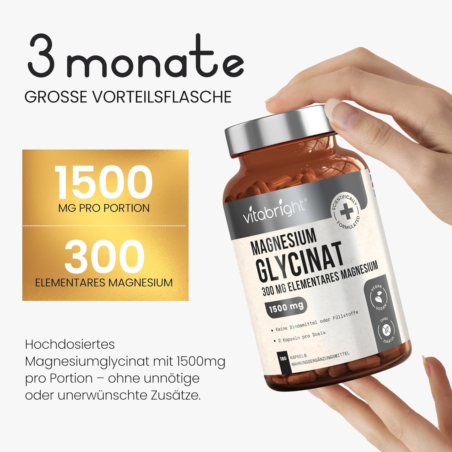 Magnesium 400 mg – Magnesium Glycinate 180 Capsules, 300 mg Elementary Mg, 1500 mg Per Dose, Magnesium Bisglycinate Powder, Magnesium Glycinate High Dose, No Additives, VitaBright Organic Magnesium Bisglycinate – Bild 6