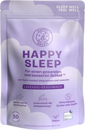 Schlaf-Magnesium mit Melatonin – Natürlich einschlafen & durchschlafen – Happy Sleep - Sleep Better without Melatonin - Natural Sleep Aid Adults - Sleep & Soothing - Drink Powder with Magnesium - 30 Servings - Sugar Free - Vegan - Lavender