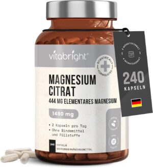 Magnesium Komplex mit B6 & Zink โ Magnesium Citrate Capsules 1480 mg | 240 Capsules | Magnesium Citrate Pure High Dose Magnesium Citrate Powder 444 mg Elemental Magnesium Citrate Powder | High Bioavailability Complex | Vegan |