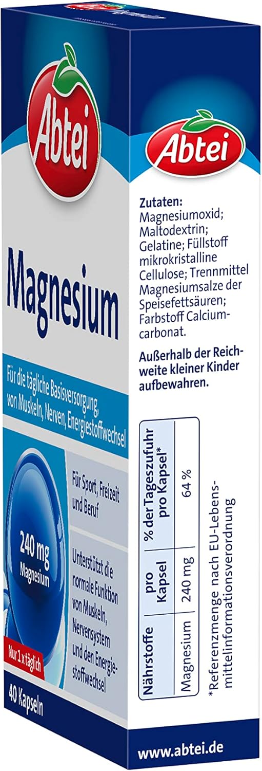Magnesium 250 mg – Abtei Magnesium - for sports, leisure and work - for daily basic supply with magnesium for muscle and nerve function - with 240 mg magnesium - 1 x 40 capsules – Bild 2
