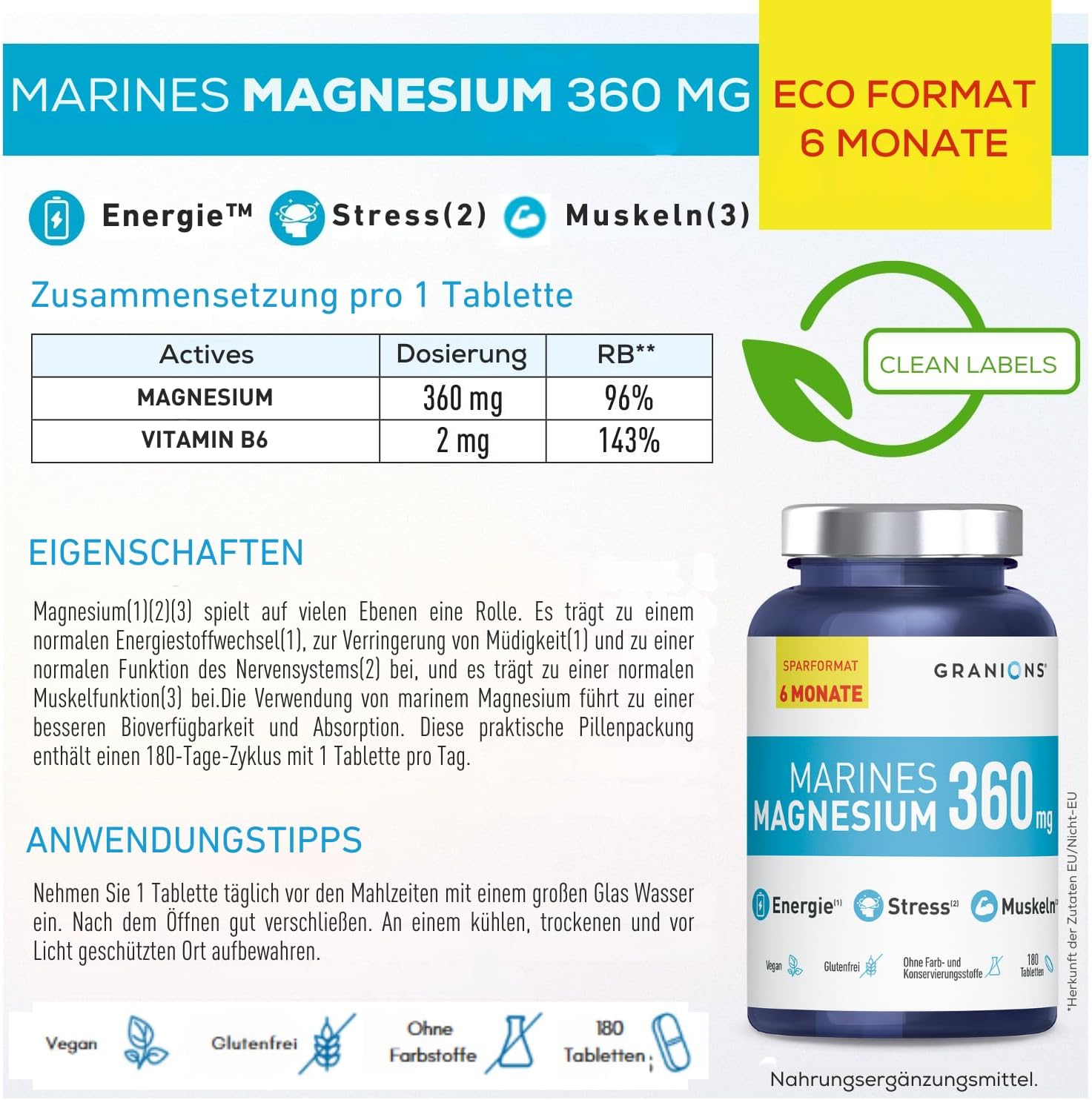 Magnesium Komplex mit B6 & Zink – Magnesium Capsules 360 mg - 6 Months Format - 180 Capsules - Vitamin B6 - Stress, Energy and Muscles - Sea Magnesium and Vitamin B6 - Magnesium B6-180 Tablets – Bild 2