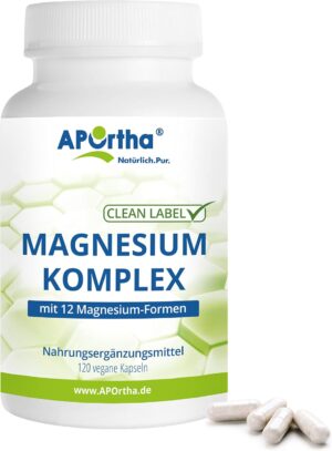 Magnesium Komplex mit B6 & Zink – APOrtha® Magnesium Complex 120 Vegan Capsules with 12 Magnesium Compounds, Including Magnesium Oxide, Marine Magnesium Oxide, Magnesium Bisglycinate and Magnesium Citrate, Vegan without Additives