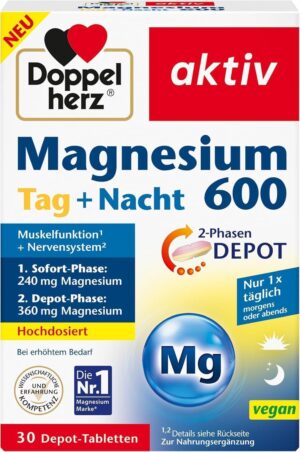 Magnesium 600 mg – Doppelherz Magnesium 600 Day and Night 2-Phase Depot - Magnesium Contributes to Normal Muscle Function - High Dose - 30 Depot Tablets