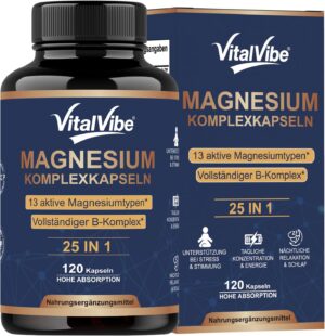 Magnesium Komplex mit B6 & Zink – Magnesium Complex 1000 mg, 25-in-1 Magnesium Supplement with Magnesium Glycinate, Magnesium Complex with 13 Magnesium Chelates - for Relaxation, Muscle and Heart Support, Vegan, 120 Capsules