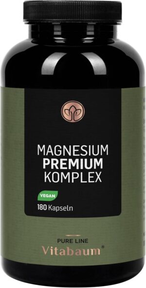 Magnesium Komplex mit B6 & Zink – Vitabaum Magnesium Premium Complex - 410 mg Elementary Magnesium per Day - 5 High-Quality Forms - High Dose - 180 Capsules - Vegan, Gluten Free - 3 Months Supply