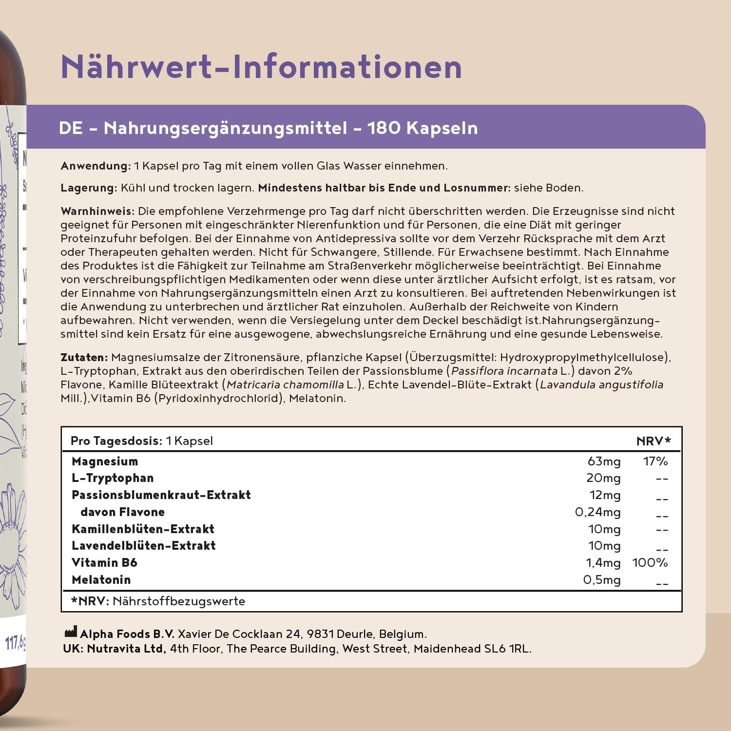 Schlaf-Magnesium mit Melatonin – Natürlich einschlafen & durchschlafen – Melatonin High Dose | 180 Capsules | 0.5 mg per Capsule | With Magnesium, Vitamin B6, Passion Flower & Chamomile | Alternative to Sleep Spray & Sleeping Tablets | 100% Vegan Alpha Foods – Bild 6