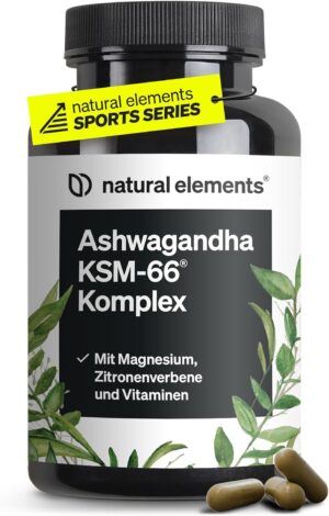Magnesium 600 mg โ natural elements Ashwagandha Complex - 600mg per Daily Dose - 120 Capsules - with KSM-66, Lemon Verbena, Magnesium, Folic Acid and Vitamin C, B6 and B12 - High Dose & Vegan - Laboratory Tested