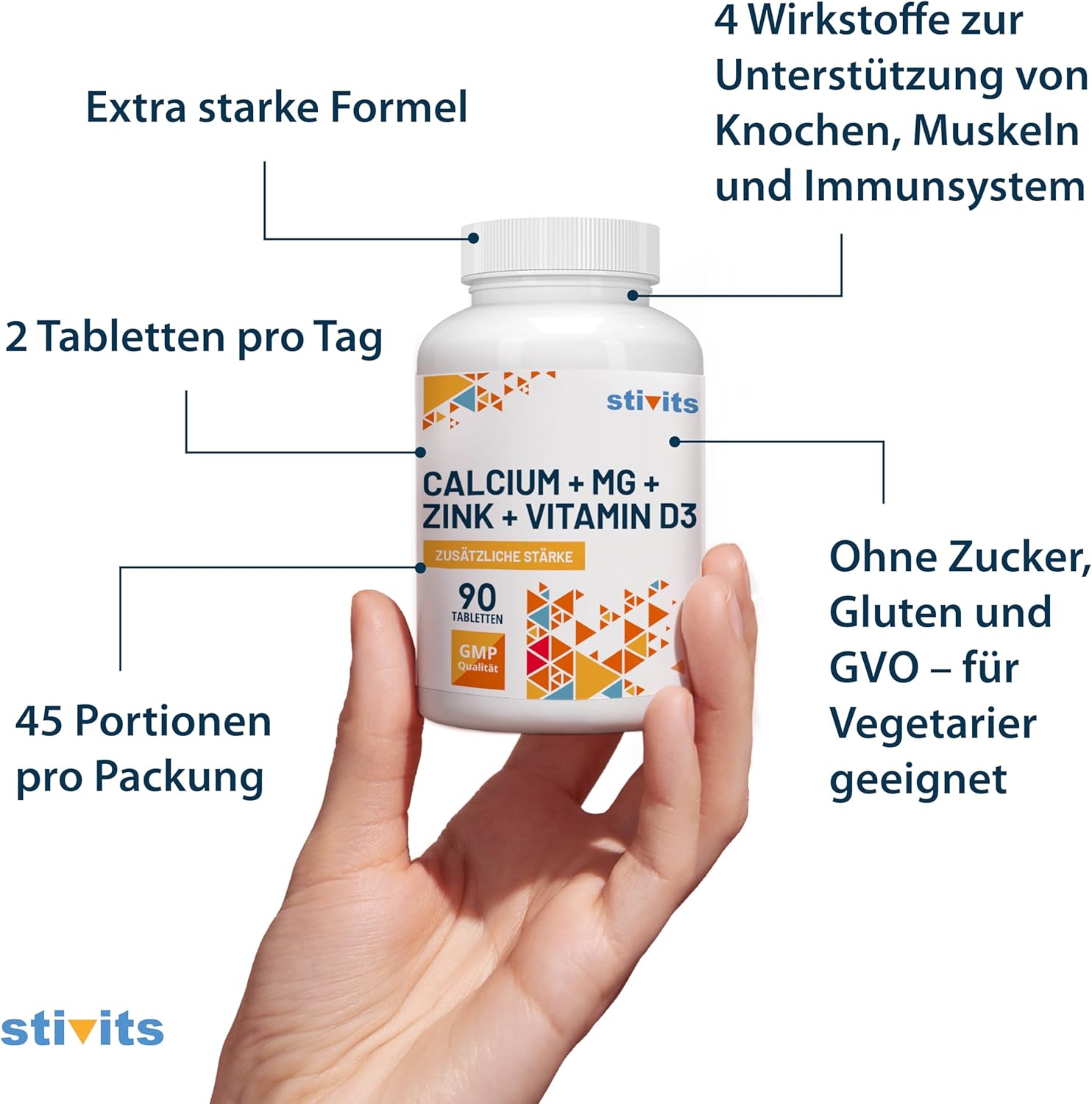 Magnesium Komplex mit B6 & Zink – Calcium Magnesium Zinc D3 Tablets - 90 Vegan Tablets for 1.5 Months - High Dose with Vitamin D3 - For Bones, Muscles, Immune System - No Additives - Made in EU – Bild 2