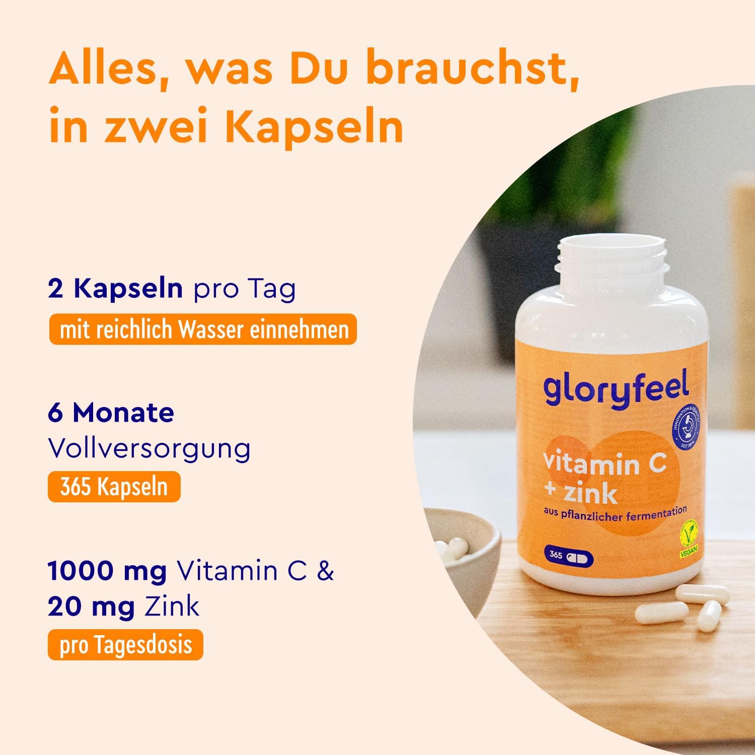 Magnesium 600 mg – Vitamin C + zinc - 365 vegan capsules - 1000 mg buffered vegetable vitamin C (acid-free and stomach friendly) plus 20 mg zinc per daily dose - laboratory tested without additives made in Germany. – Bild 4