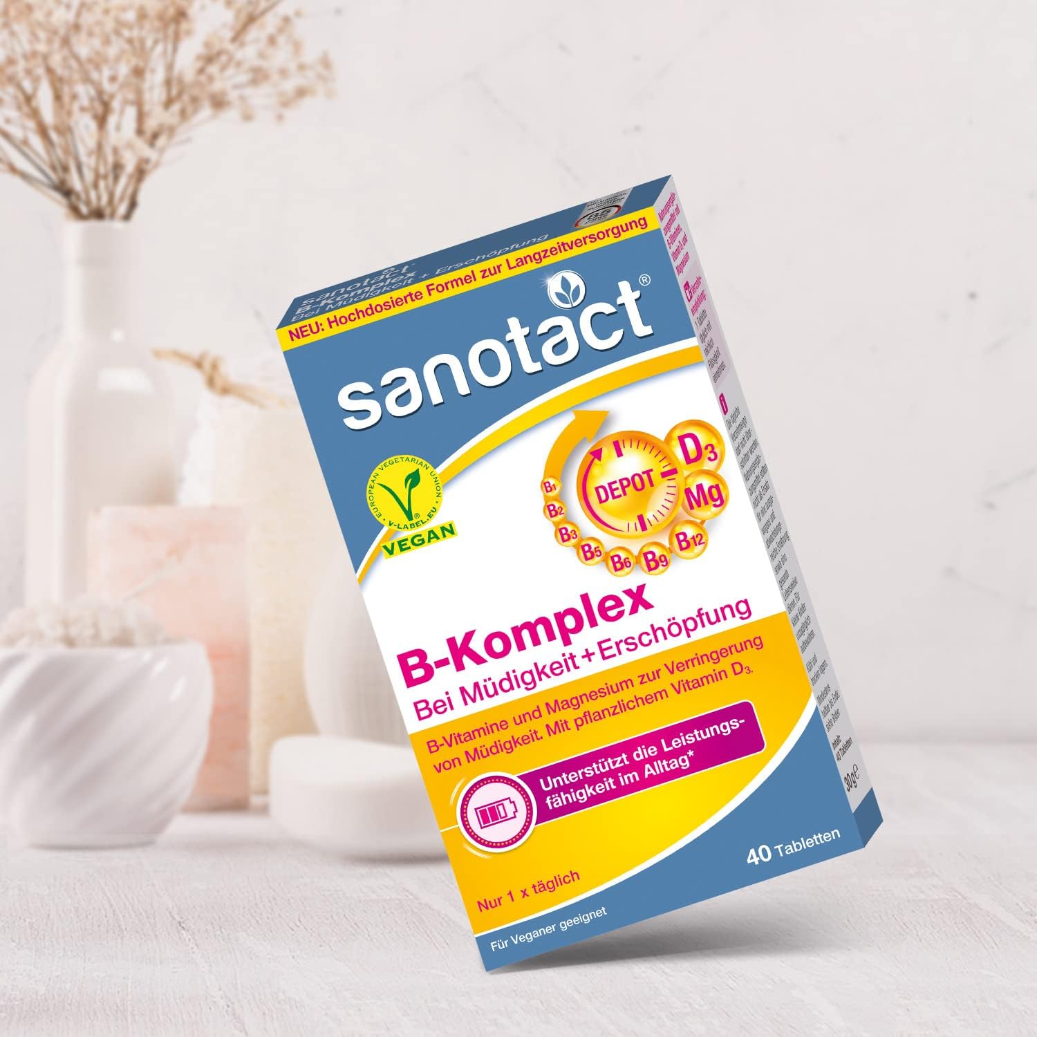 Magnesium Komplex mit B6 & Zink – sanotact B Complex + Magnesium + Vitamin D3 (60 Tablets) • High Dose B Vitamins with Depot & Long-Term Effect • 100% Vegan • Vitamin B1, B2, B6, B12, D3, Biotin, Folic Acid, Magnesium – Bild 9