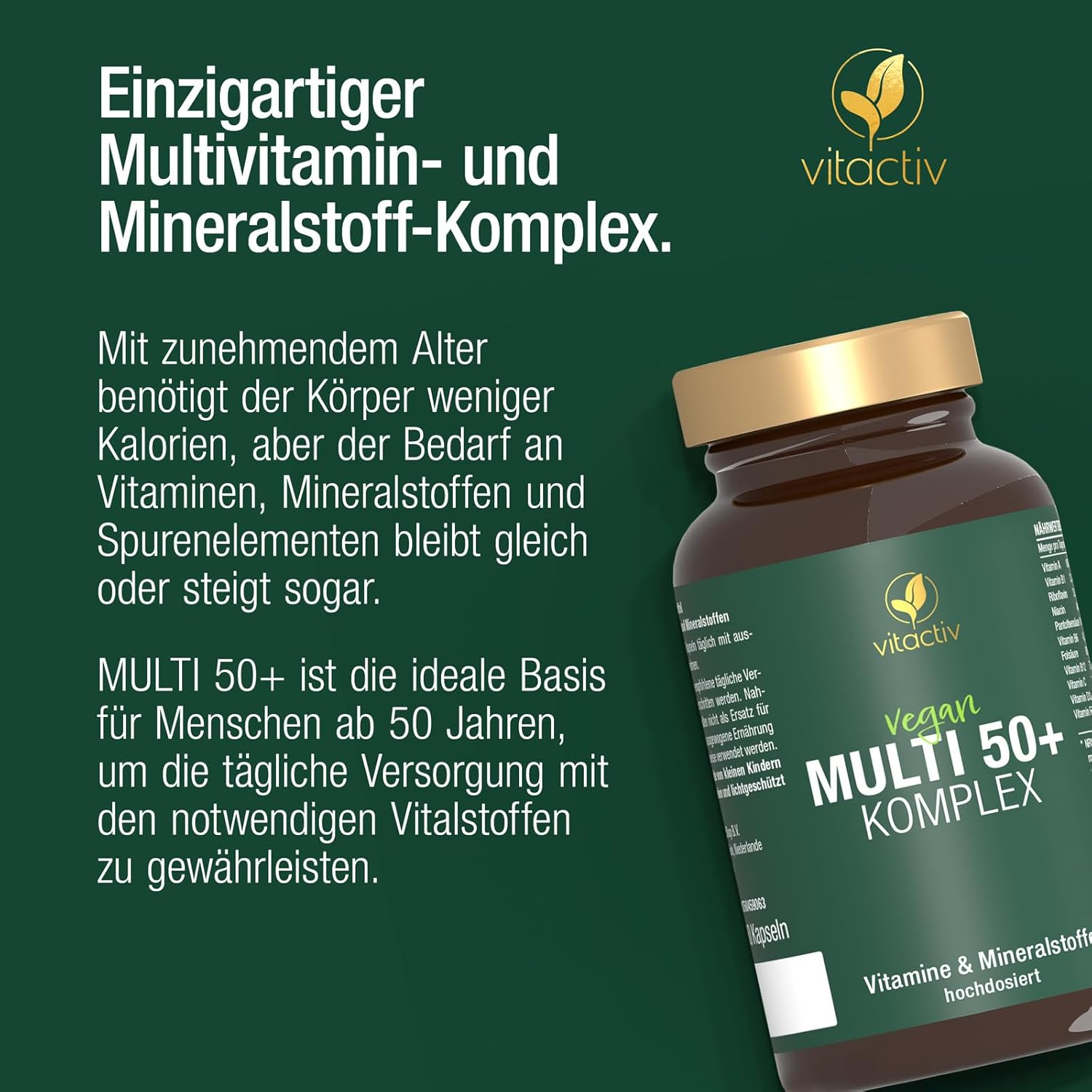Magnesium Komplex mit B6 & Zink – Vitactiv MULTI 50 Plus Multivitamin Complex for People from 50 - Vitamins, Minerals, Trace Elements - Vitamin B, C, E, K, D, Magnesium, Calcium, Zinc - High Dosage, Hormone-Free, No Iodine - 60 Capsules – Bild 3