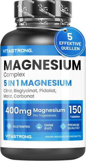 Magnesium 400 mg – Vitastrong Magnesium Complex 5-in-1, 400 mg per dose, 5 Sources: Bisglycinate (Magnesium Glycinate), Citrate, Malate, Pidolate, Carbonate, 150 Tablets, Pure Premium Quality