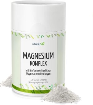 Magnesium Komplex mit B6 & Zink โ Sanuvit Magnesium Complex Capsules | 5 Magnesium Compound with Marine Magnesium | 120 Capsules | High Bioavailability, 100% Daily Requirement | Pure Material Product Directly from the Manufacturer