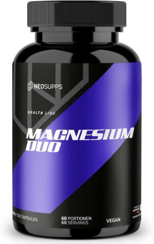 Magnesium Komplex mit B6 & Zink – Neosupps Magnesium Duo 120 Capsules, Bisglycinate Citrate Complex, High Dose Dietary Supplement, Bioavailability, Supports Muscle Contraction, Nervous System and Energy Metabolism, Vegan