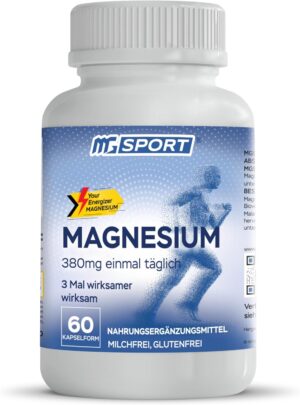 Magnesium Komplex mit B6 & Zink โ MGSPORT High Absorption Magnesium Capsules Pack of 60 - 380 mg Elementary Magnesium, Vitamin Capsules with Vitamin B6, E and D, One Tablet Before Sleeping