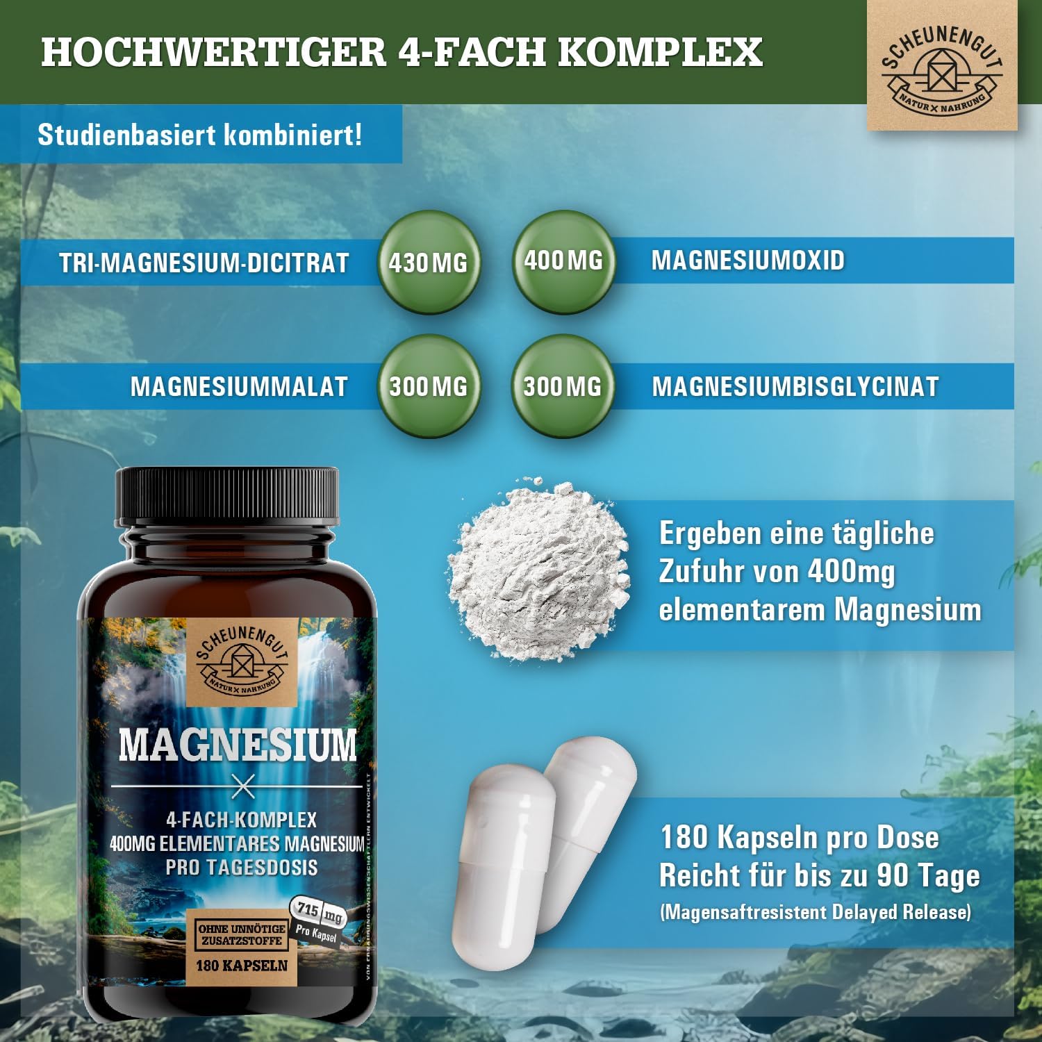 Magnesium 600 mg – Magnesium Complex 1430 mg – Important: Magnesium Bisglycinate as a 4-Way Brand Complex with 1430 mg per Daily Dose (+ 400 mg Element Available) Vegan and Laboratory Tested DE SCHEUNENGUT® – Bild 2