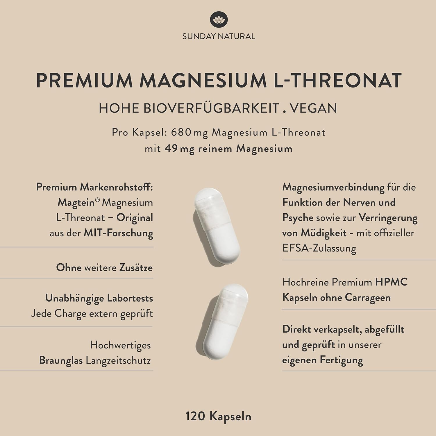 Magnesium Komplex mit B6 & Zink – SUNDAY NATURAL Magnesium Threonate – Brand Raw Material Magtein – 120 Capsules L-Threonate – 2,040 mg Magnesium L-Threonate per Daily Dose – for Supplying the Nervous System & Brain – Laboratory – Bild 2