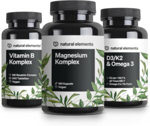 Magnesium Komplex mit B6 & Zink – natural elements Essentials Set - Magnesium Complex, Vitamin B Complex, D3 K2 & Omega 3 Capsules - High Dose, No Unnecessary Additives - for Your Everyday Life