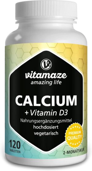 Magnesium 600 mg – Calcium + Vitamin D3 High Dose, 600 mg Calcium Carbonate + 400 IU Cholecalciferol per Daily Dose, 120 Vegetarian Tablets for 2 Months, Dietary Supplement without Additives, Made in Germany