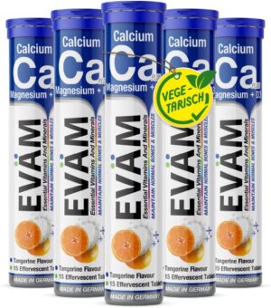 Magnesium 600 mg – Calcium Magnesium D3 Effervescent Tablets, Mandarin Flavour, 5 x 15 Pieces, Dietary Supplement to Support Bones and Muscles, Suitable for Vegetarians, Made in Germany