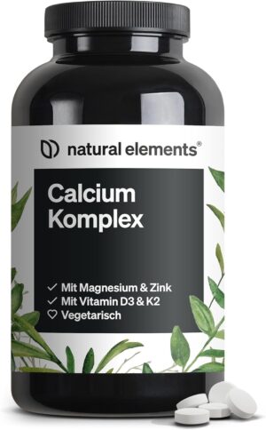 Magnesium 600 mg โ natural elements Calcium Complex with Magnesium & Zinc - 360 Tablets - 520 mg Calcium per Daily Dose - With Vitamin D3 & K2 - Optimal Dose, No Unnecessary Additives - Laboratory Tested Quality