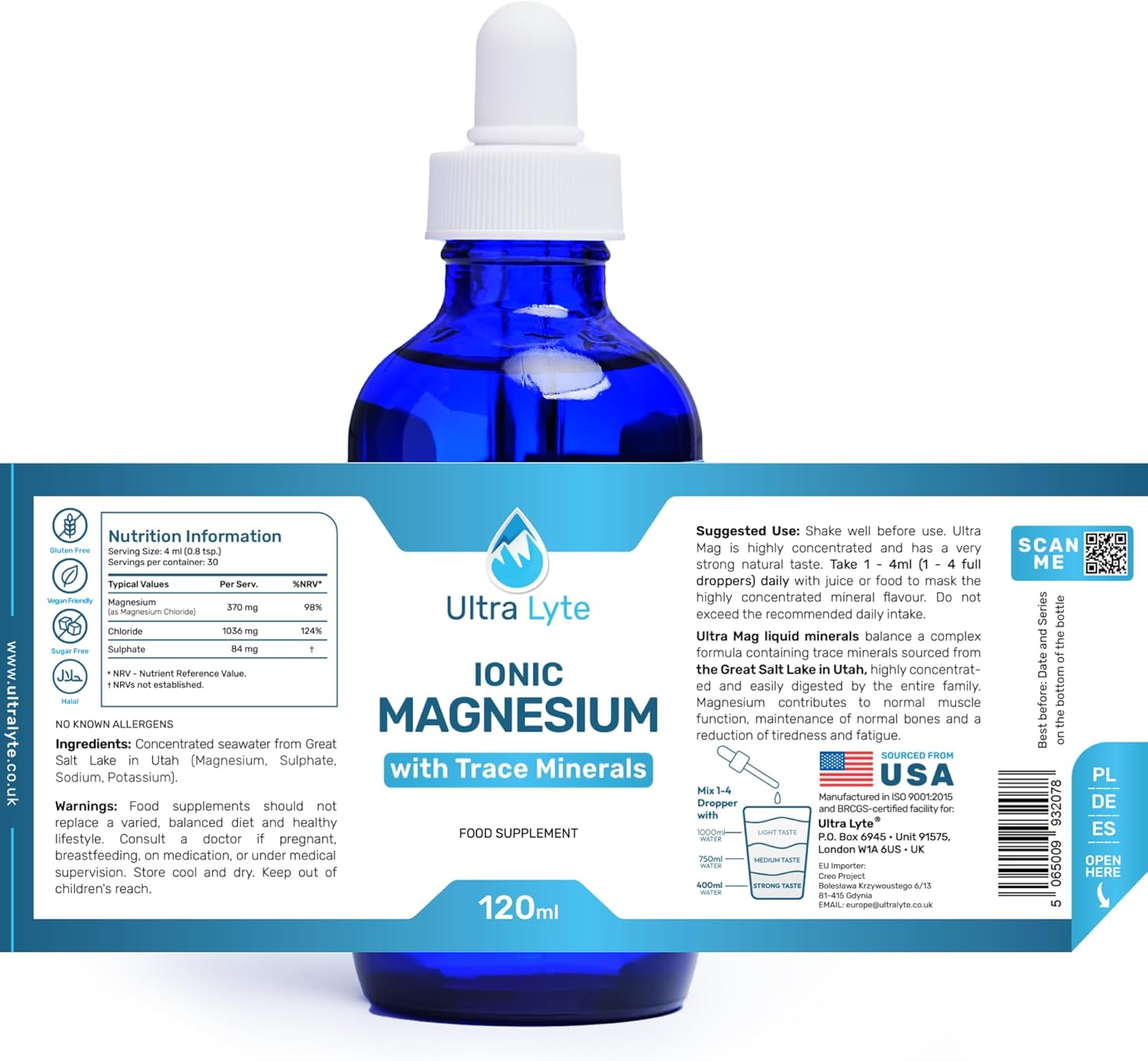 Magnesium 400 mg – Ultra Lyte Magnesium 400 mg Ionic Minerals Supplement 118 ml 30 Servings Highly Concentrated Liquid Minerals Reduces Fatigue & Fatigue - Supports Electrolyte Balance & Muscle Function – Bild 9