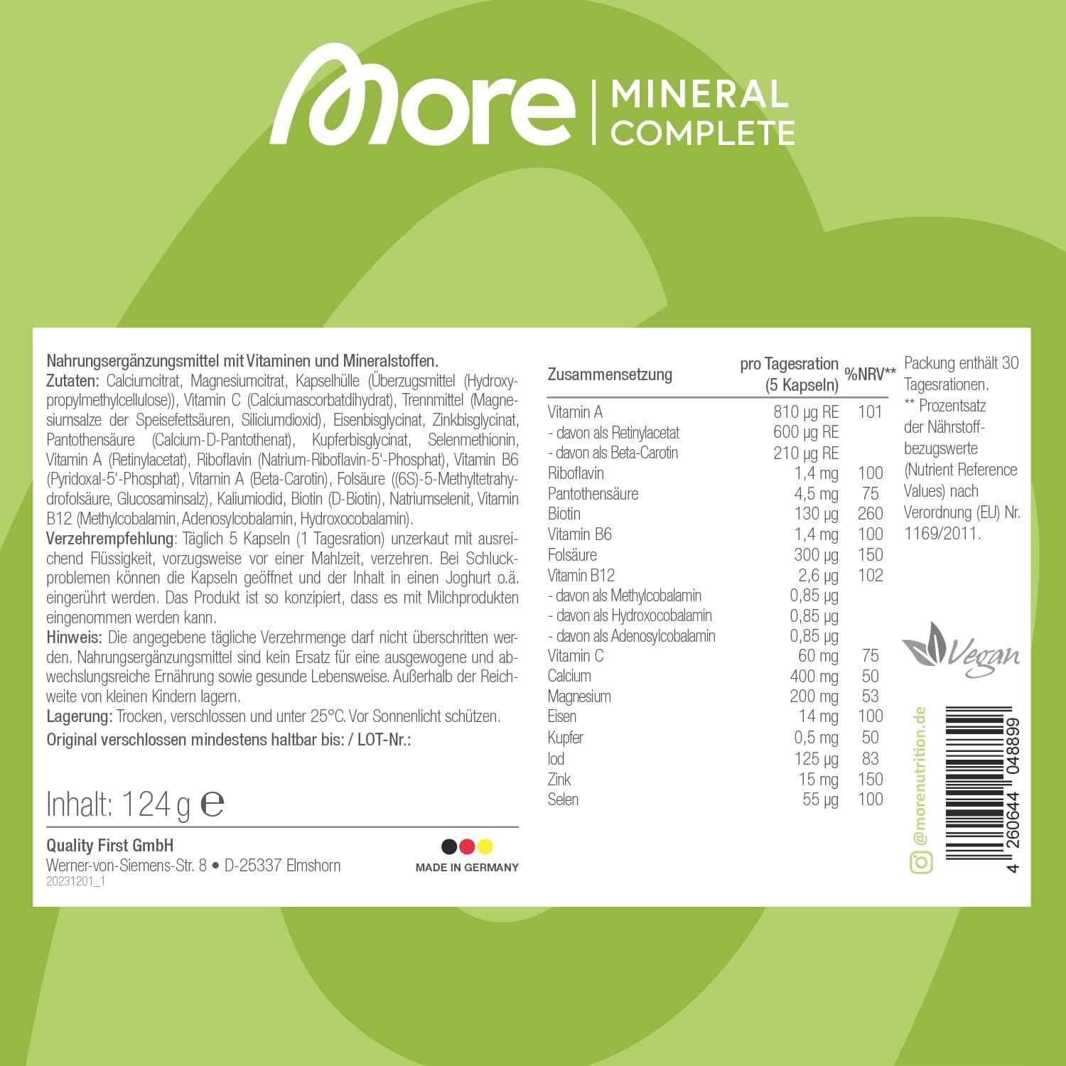 Magnesium Komplex mit B6 & Zink – More Mineral Complete V4 150 Capsules with Minerals, Trace Elements and Vitamins – Bild 4
