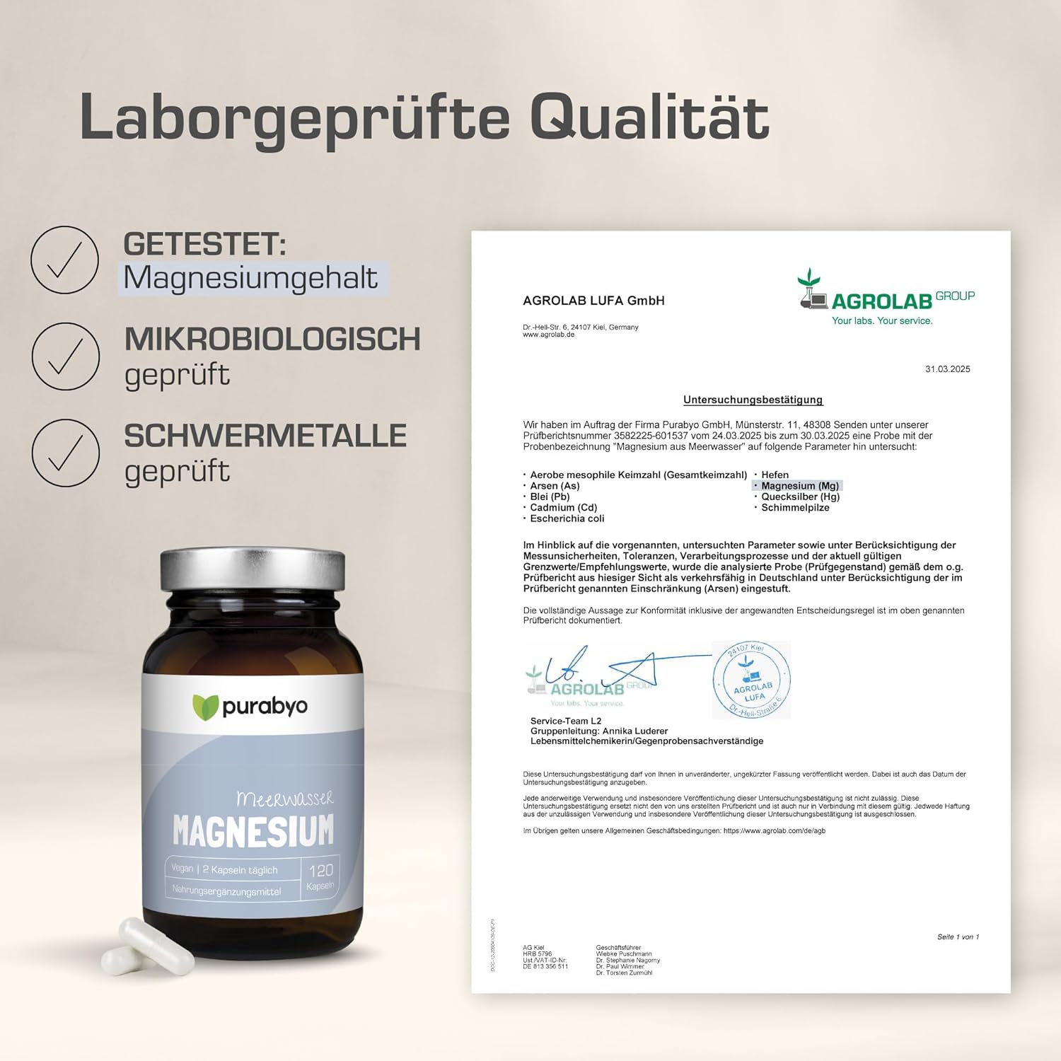 Magnesium Komplex mit B6 & Zink – Magnesium Complex Vegan Magnesium Capsules in Glass High Dose Branded Raw Material Aquamin 300 mg Elementary Magnesium Made from Sea Water Vegan, Laboratory Tested and Made in Germany – Bild 4