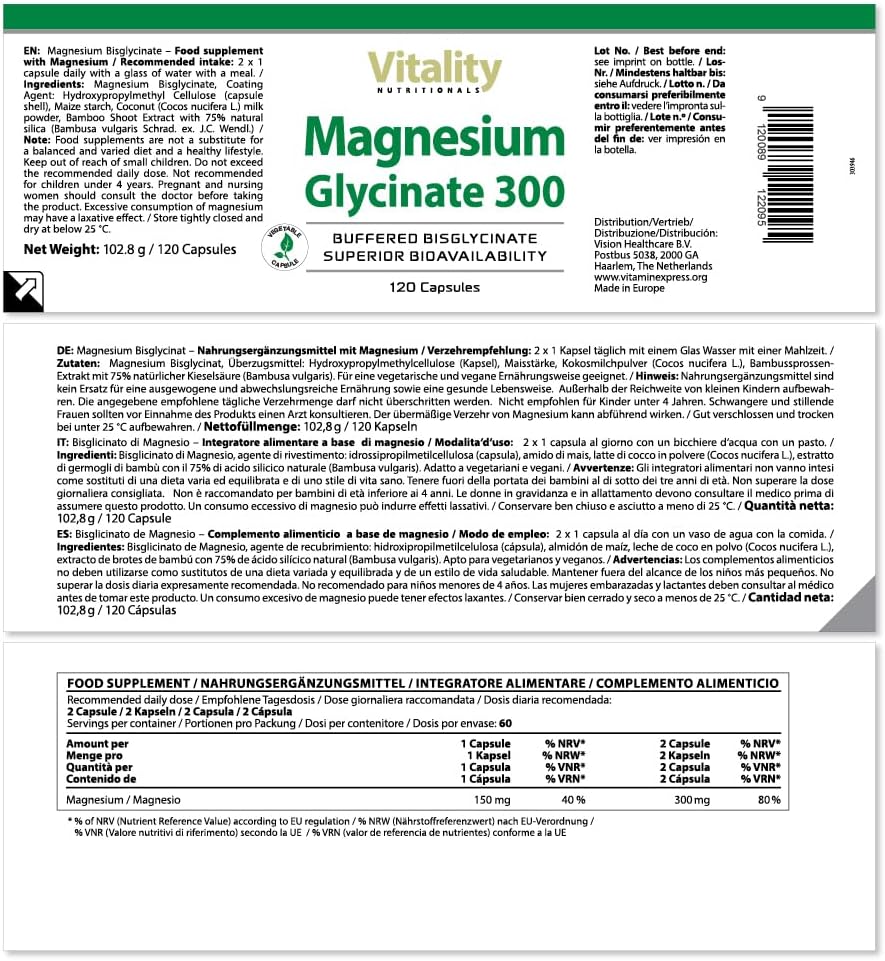 Magnesium 250 mg – Magnesium Glycinate High Dose Capsules with 300 mg Bisglycinate per Daily Dose (Pack of 120) Muscles, Bone Dietary Supplement Vitality Nutritionals by VitaminExpress – Bild 3