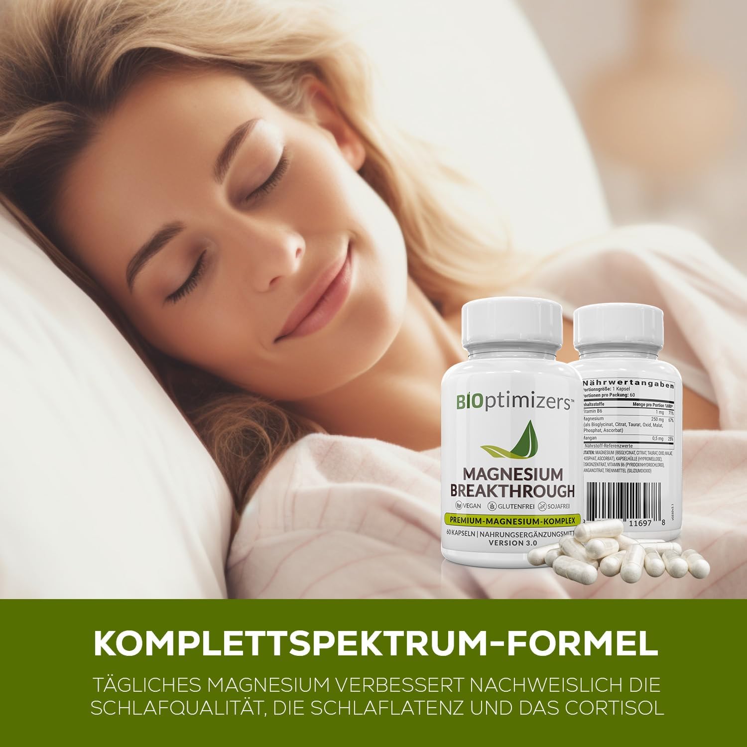 Schlaf-Magnesium mit Melatonin – Natürlich einschlafen & durchschlafen – BiOptimizers Magnesium Breakthrough 3.0 | Magnesium Types: Chelate, Citrate, Bisglycinate, Malate, Aspartate, Taurate | 60 Capsules – Bild 7