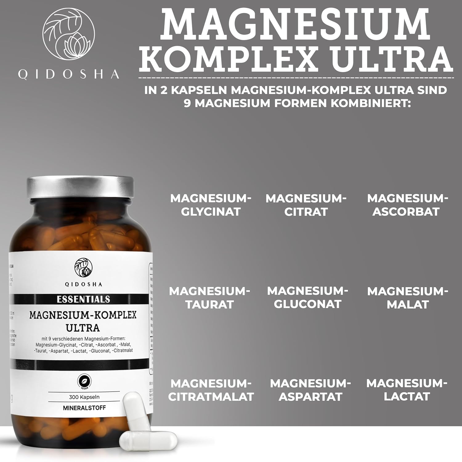 Magnesium Komplex mit B6 & Zink – QIDOSHA® Magnesium Complex High Dose, 300 Capsules in Pharmacist Glass, 9 mg Forms with Complementary Focus as Mg Full Spectrum, 300 mg Elementary Magnesium/Daily Serving – Bild 3