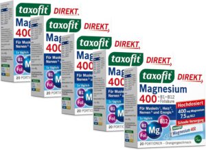 Magnesium 400 mg – taxofit Magnesium 400 Direct Granules + B1 + B6 + B12 + Folic Acid 800 μg | 5 x 20 Portion Bags | High Dose Magnesium 400 mg Made of Magnesium Oxide for Muscles ¹, Heart² & Energy Metabolism³