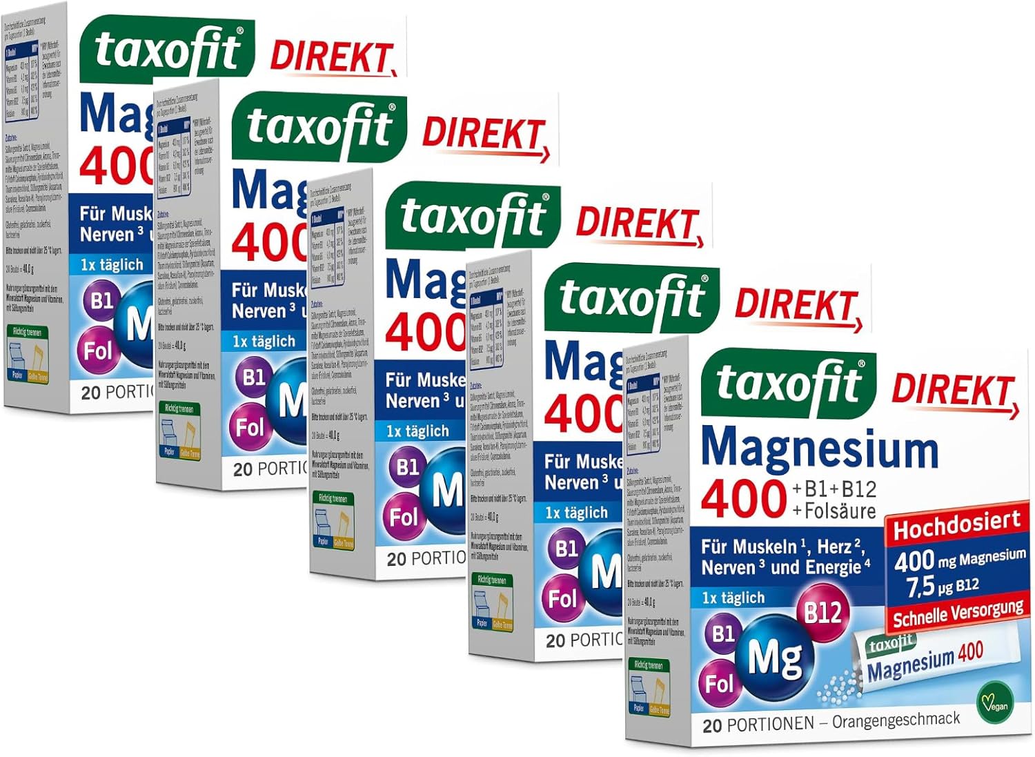 Magnesium 400 mg – taxofit Magnesium 400 Direct Granules + B1 + B6 + B12 + Folic Acid 800 μg | 5 x 20 Portion Bags | High Dose Magnesium 400 mg Made of Magnesium Oxide for Muscles ¹, Heart² & Energy Metabolism³
