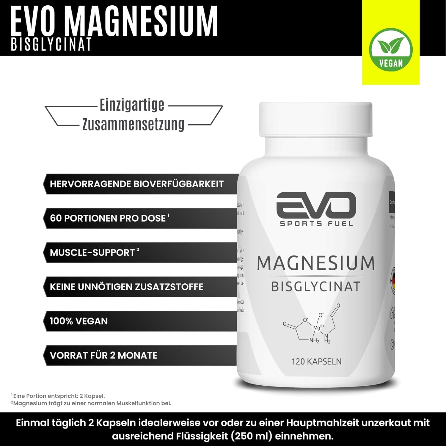 Magnesium 400 mg – Magnesium Bisglycinate - 120 Capsules - High Dose & Bioavailable - 300 mg Magnesium per Daily Serving - 100% Vegan - Tested Quality - Made in Germany – Bild 3