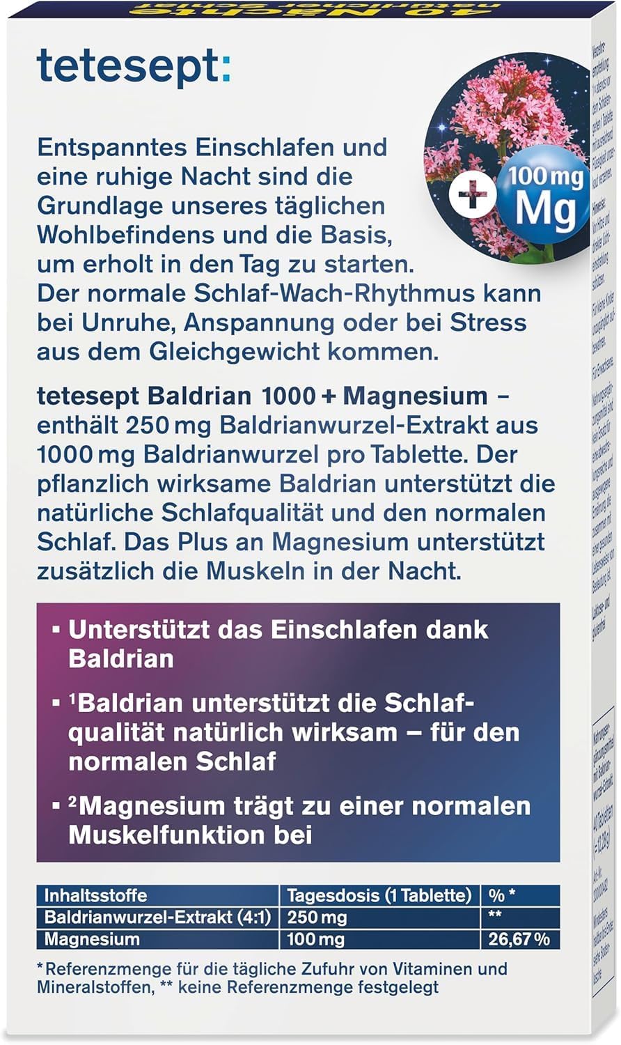 Schlaf-Magnesium mit Melatonin – Natürlich einschlafen & durchschlafen – tetesept Valerian 1000+ Magnesium - 1 × 40 Tablets - Dietary Supplement Supports Natural Sleep and Relaxed Muscles - Vegan – Bild 3