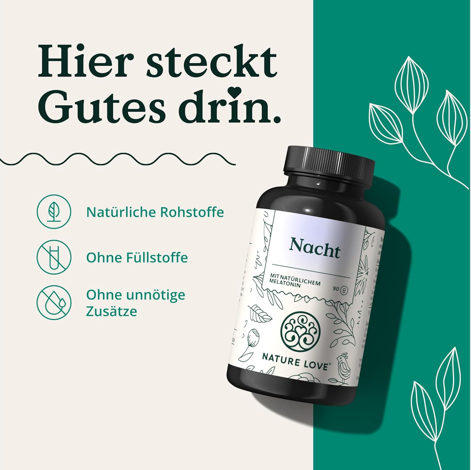 Schlaf-Magnesium mit Melatonin – Natürlich einschlafen & durchschlafen – NATURE LOVE® Nacht - 90 Capsules - with Natural Melatonin, Ashwagandha, Valerian, Lavender and Lemon Balm - 0.5 mg Melatonin per Capsule - Laboratory Tested and Made in Germany – Bild 4