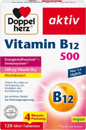 Magnesium Komplex mit B6 & Zink โ Doppelherz Vitamin B12 500 - High Dose with 500 ฮผg Vitamin B12 per Tablet - Vegan - 120 Mini Tablets