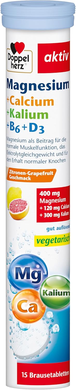 Magnesium Komplex mit B6 & Zink – Doppelherz Magnesium + Calcium + Potassium + B6 + D3 - Magnesium as a Contribution to Normal Muscle Function and for the Maintenance of Normal Bones - 15 Vegetarian Effervescent Tablets