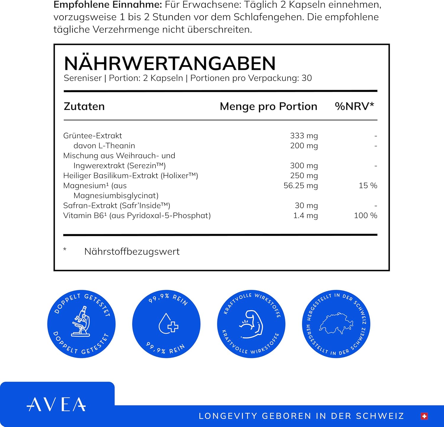 Schlaf-Magnesium mit Melatonin – Natürlich einschlafen & durchschlafen – AVEA Sereniser (Travel Bag) - Natural Sleep Supplement with L-Theanine, Magnesium & Vitamin B6 - For Deeper, Better Sleep and Increased Morning Wakefulness - Strictly Tested (Travel Bag) – Bild 2